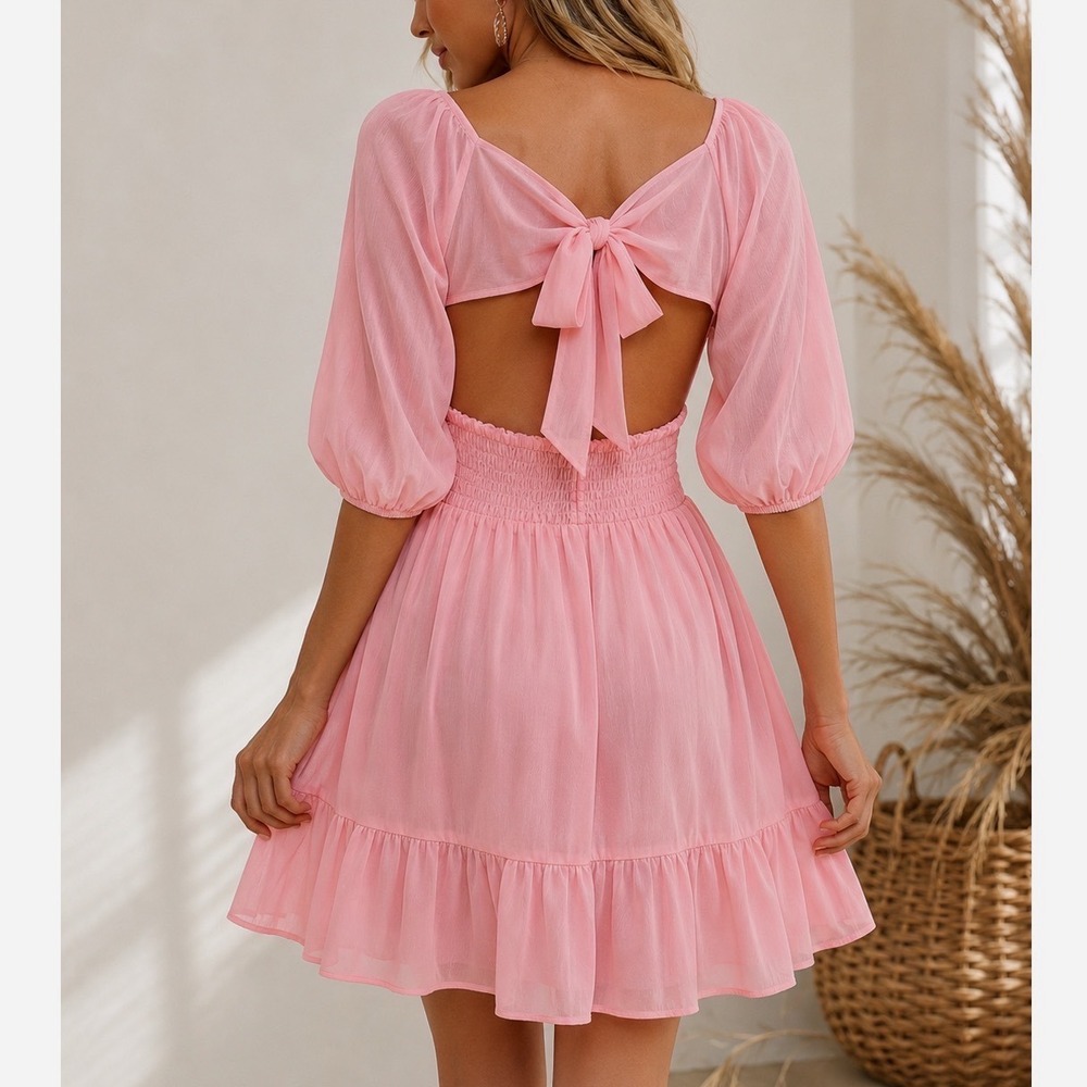 Cottagecore Pink Open Back Tie Mini Dress Smocked Ruffle Hem Small Coquette